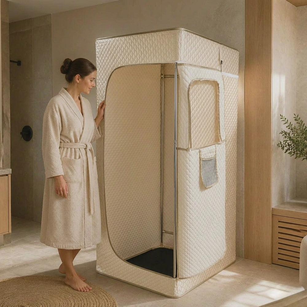 JK0501 portable steam sauna with the door open showing the interior frame
