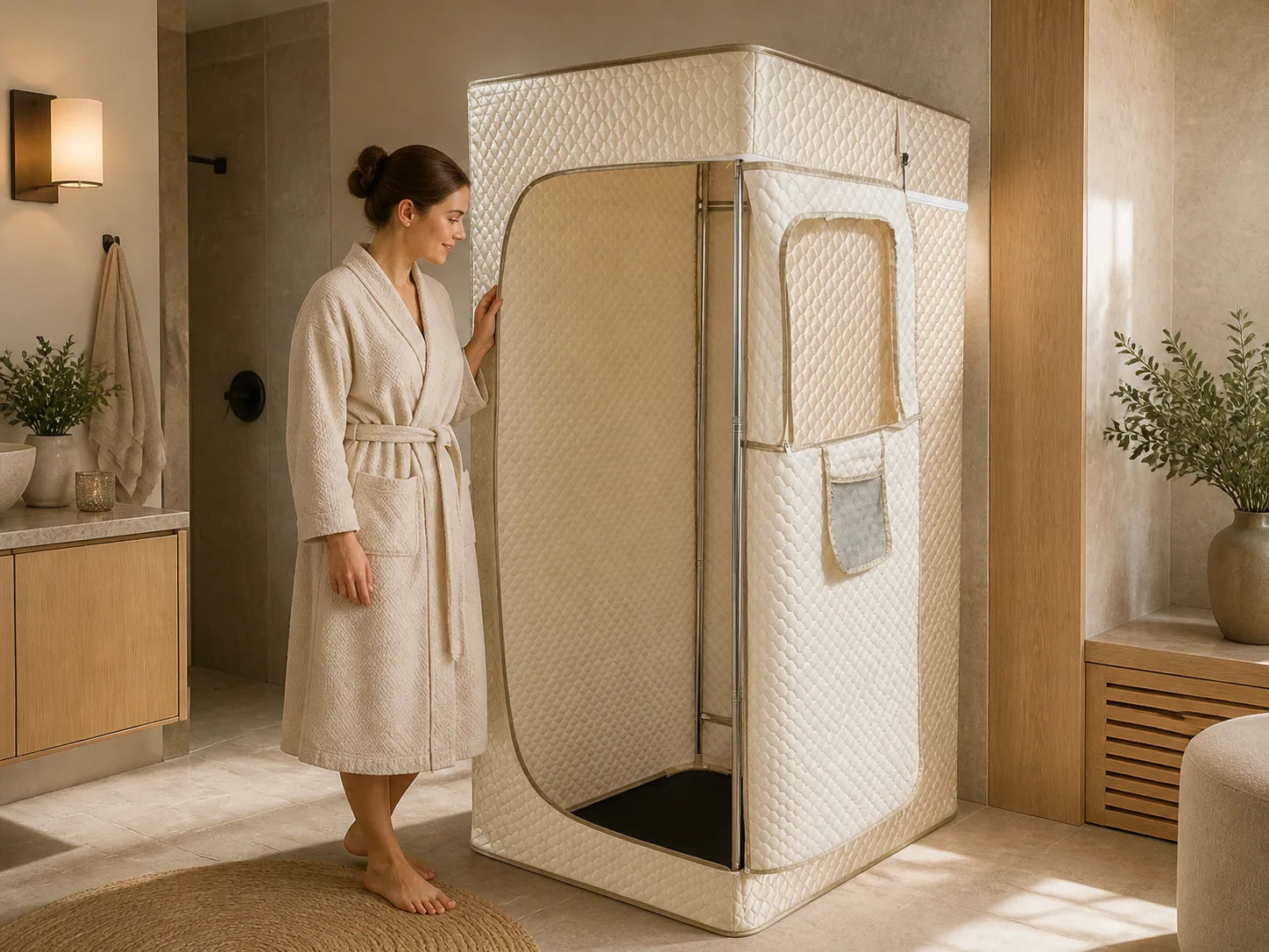 Woman in a bathrobe beside the open portable sauna in a home wellness setting