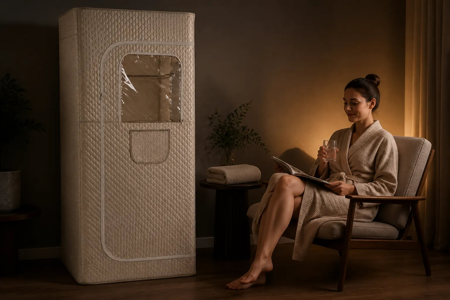 Woman relaxing with water beside the portable sauna after a home wellness session