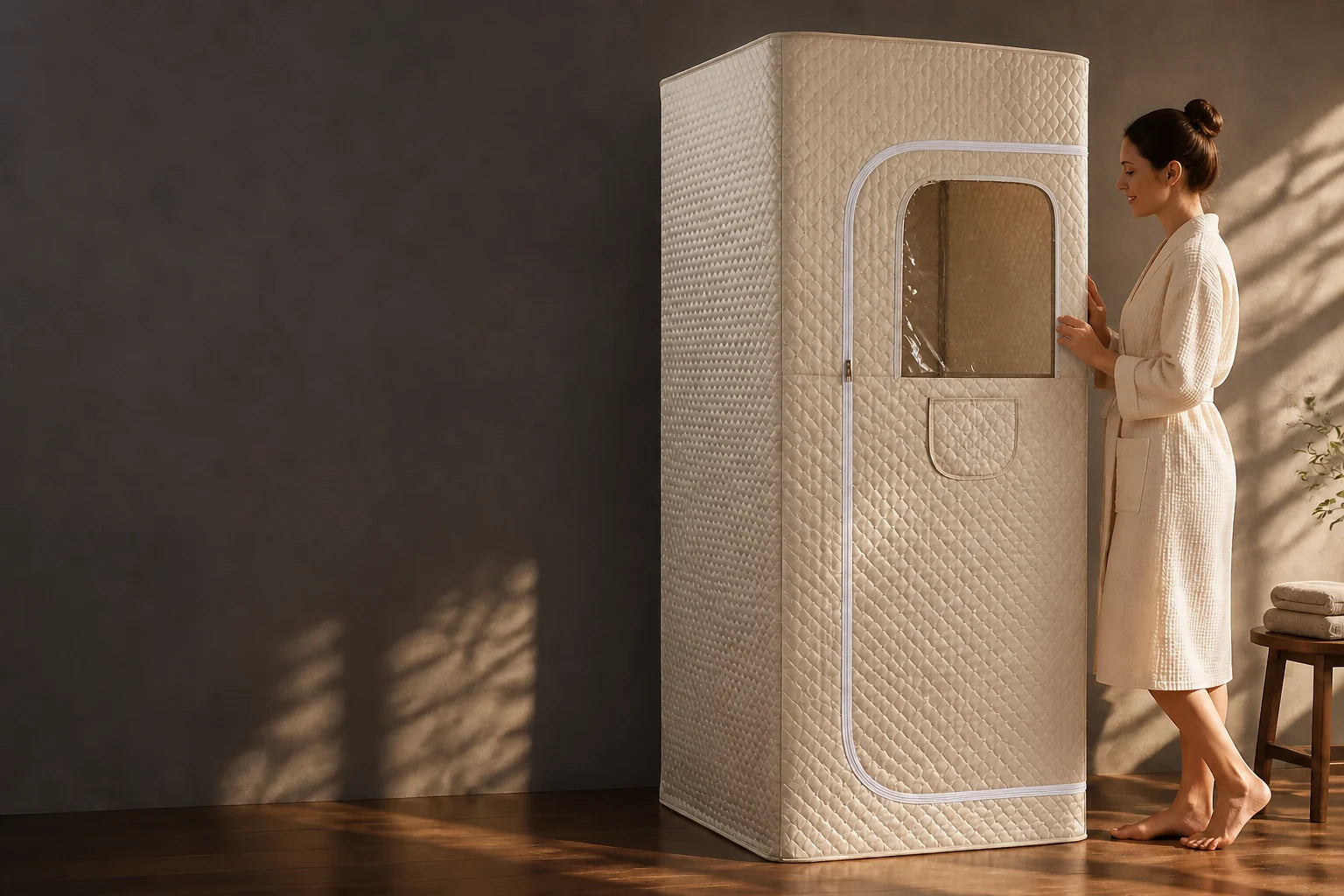 Portable full-height sauna in a warm home setting